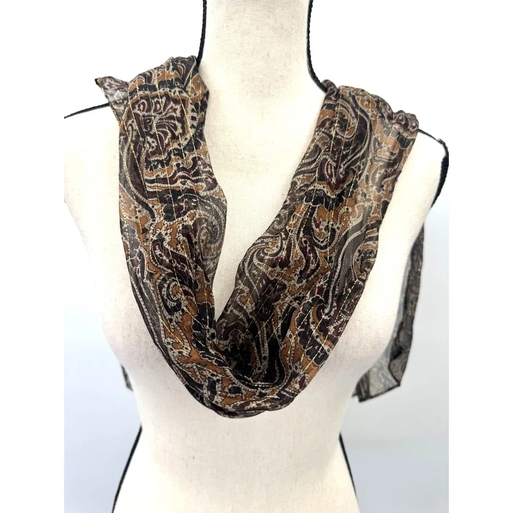 Cejon Brown Gold Silk Paisley Scarf Wrap Boho Earthy Lightweight Sheer Shawl